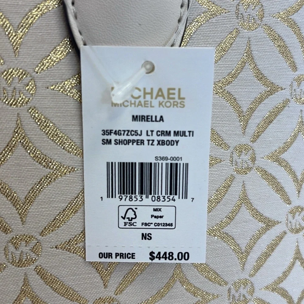 Michael Kors Mirella Small Metallic Logo Jacquard Crossbody Bag Light Cream  NWT